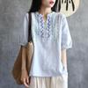 Women Summer V Neck Half Sleeve Geometric Embroidery Linen Cotton Casual Blouse
