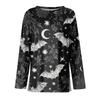 Women's Halloween Print Long Sleeve Top with Round Neck and Hem Slit