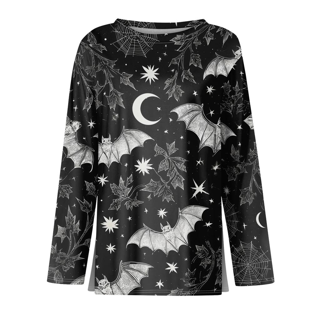Women's Halloween Print Long Sleeve Top with Round Neck and Hem Slit