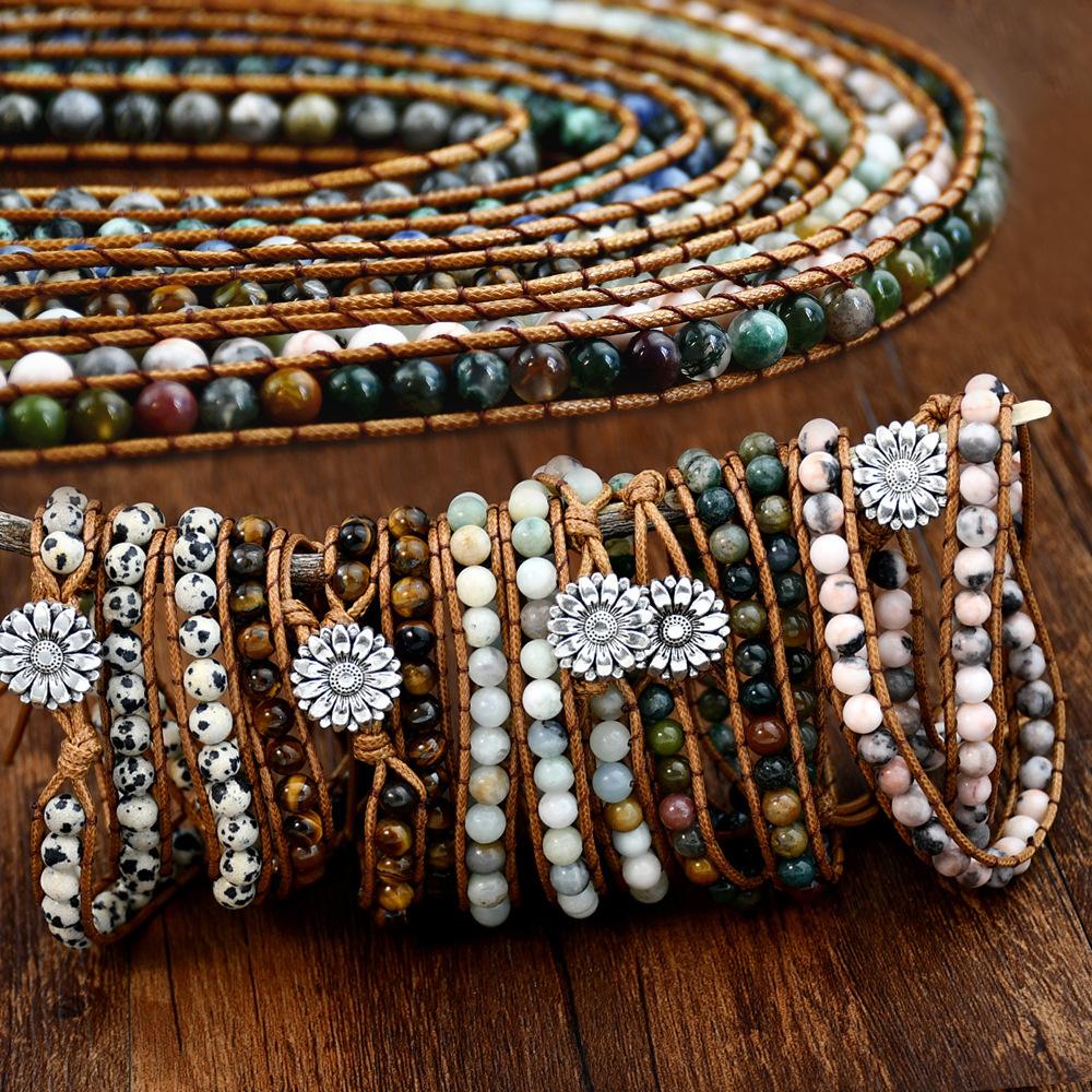 Natürlicher Stein Handgewebtes Armband Damen Bohemian Mehrschichtiges Wickel-Handseil Tigerauge Stein Armband.