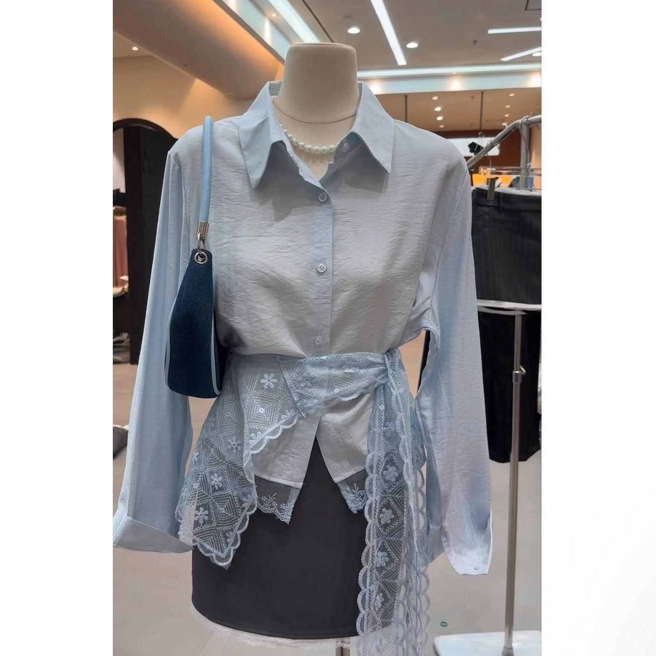 

Женская кружевная шаль Желтые рубашки Корейский ретро стиль Лацканы Длинный рукав Женские блузки Летний свободный Однобортный Женский топ 2XL синий