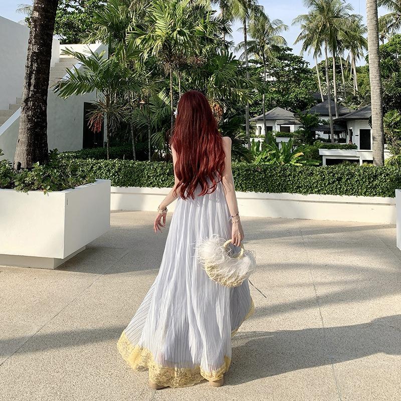 

Beautiful Island Wear Holiday Blue Retro Lace Suspender Dress Women s Pleated Design Fairy Dress S