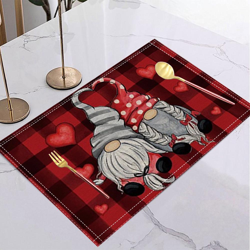 Valentine's Day Heart Table Mat Cartoon Gnome Rose Romantic Placemat for Romantic Date Love Party Valentine's Dinner Home Decor