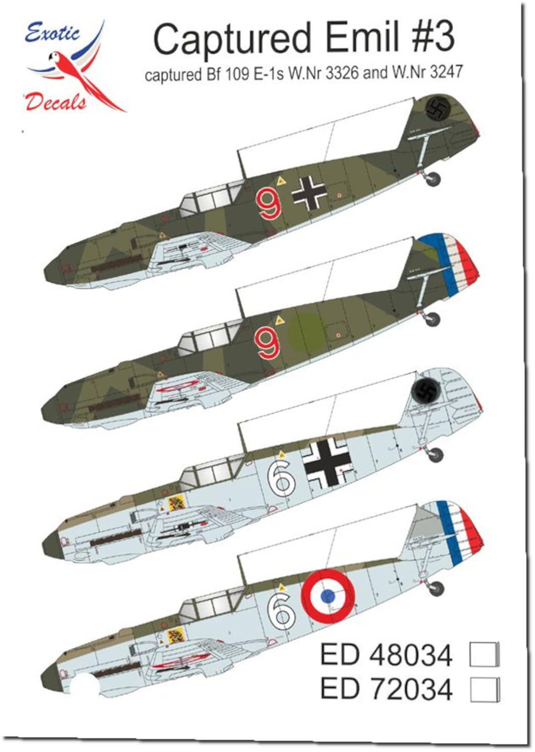 Toromodel Масштаб Захваченный Эмиль Захваченный Bf 109 3326 3247 Пластиковая Модель Декали TRMED72034 1/72 #3 E-1s Зав.№. & № серии. (Самолет)
