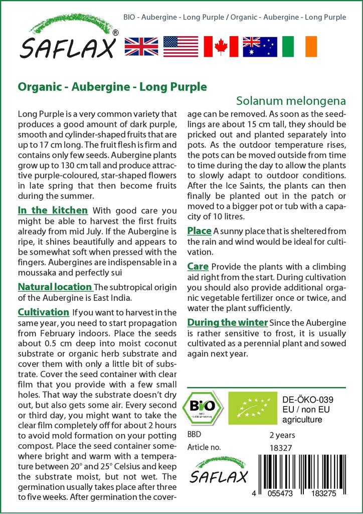 SAFLAX - Garden in the Bag - Organic - Aubergine - Long Purple - 20 seeds - With substrate in a fitting stand up bag - Solanum melongena