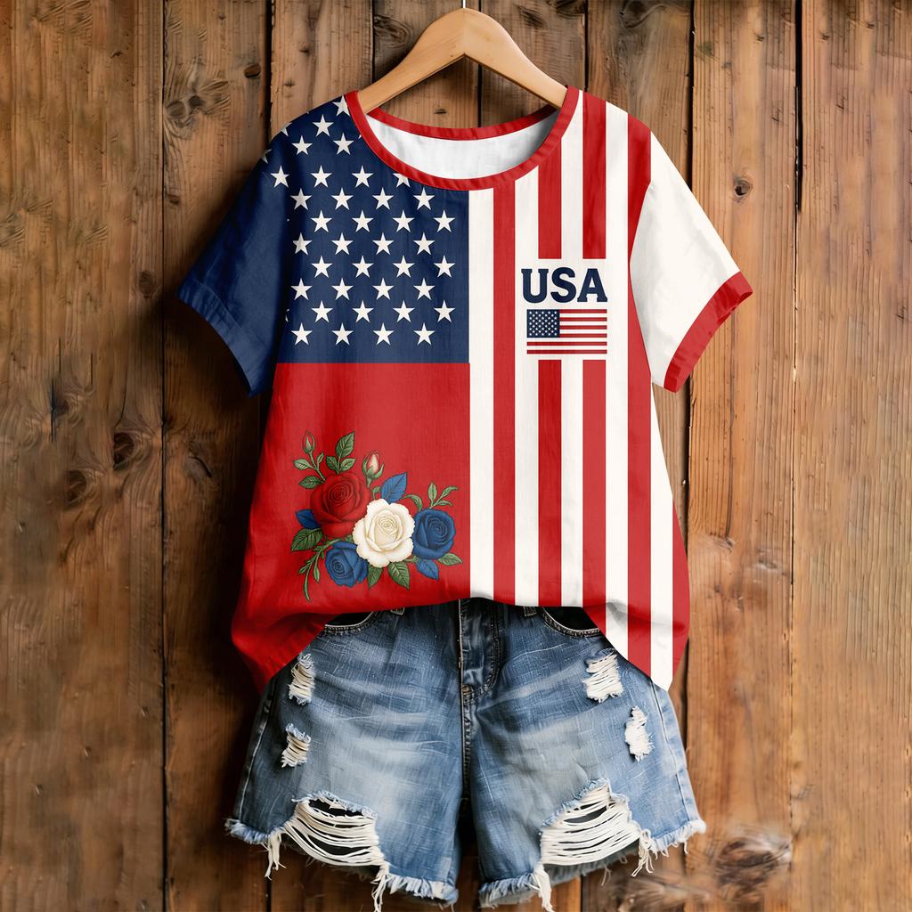 Women's American Floral Patchwork Print Casual T-Shirt 250Th Anniversary USA Shirt Patriotic Tshirt