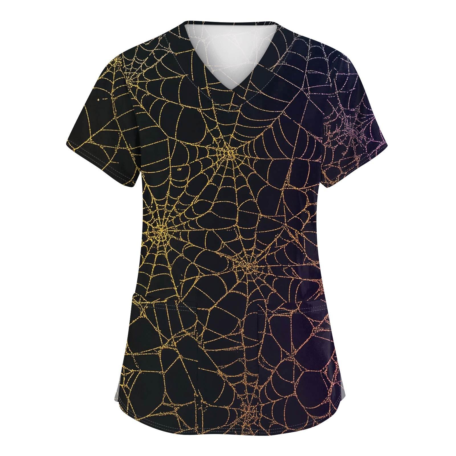 

Women s Fashion V-neck Short-sleeved Work Uniform With Pockets, Halloween Print Top S