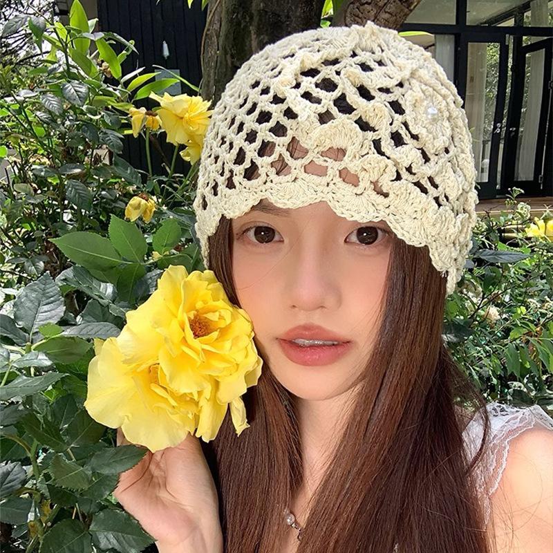 Spring and Summer Handmade Hook Up Knitted Head Hat for Women Thin Breathable Hollow Hat Fashionable Retro Niche Pullover Hat