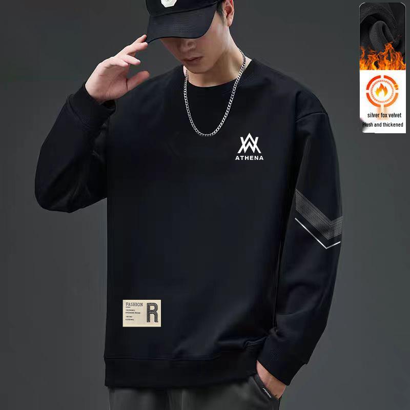 Men's Fleece-Lined Crew Neck Sweatshirt - Trendy, Versatile, Loose-Fit, Autumn/Winter Top for Students & Couples