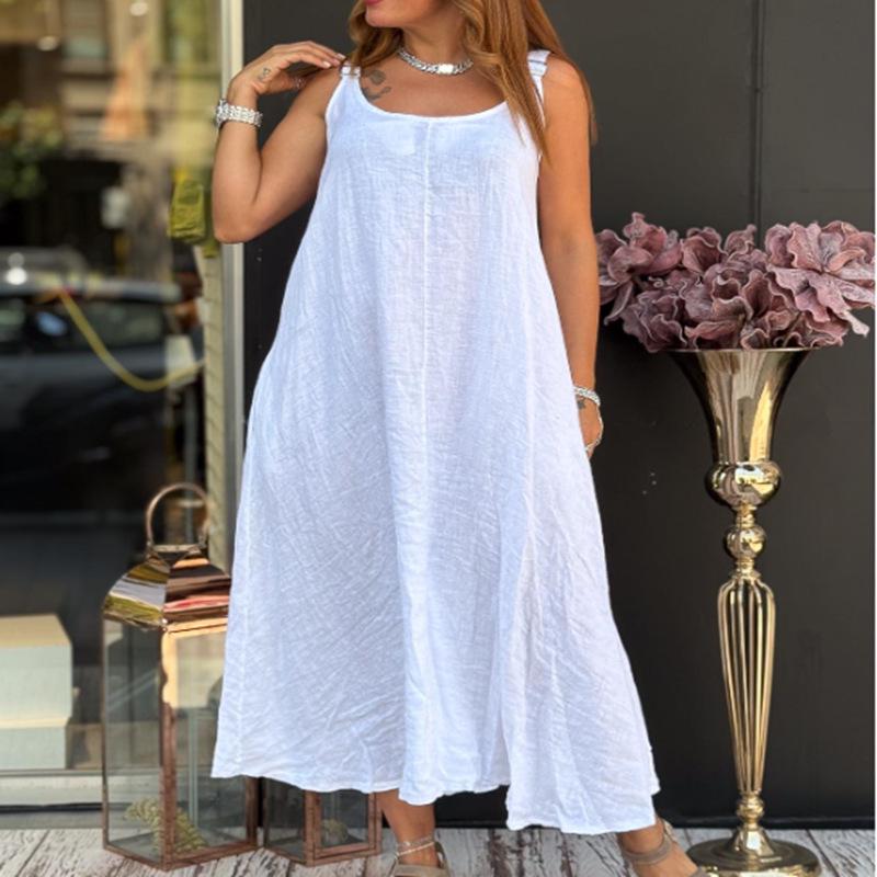 Summer Spaghetti Strap Cotton Linen Dress: Sleeveless, Round Neck, with Pockets - New Arrivals In Women's Simple Style