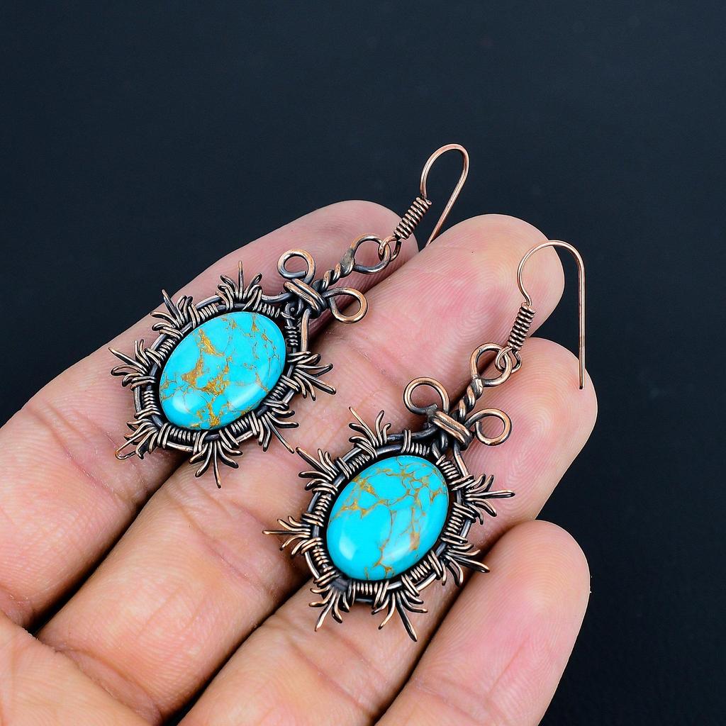 Blue Copper Turquoise Handmade Gemstone Earrings, 999 Copper Wire Wrapped Earrings Antique Jewelry, For Engagement Gift