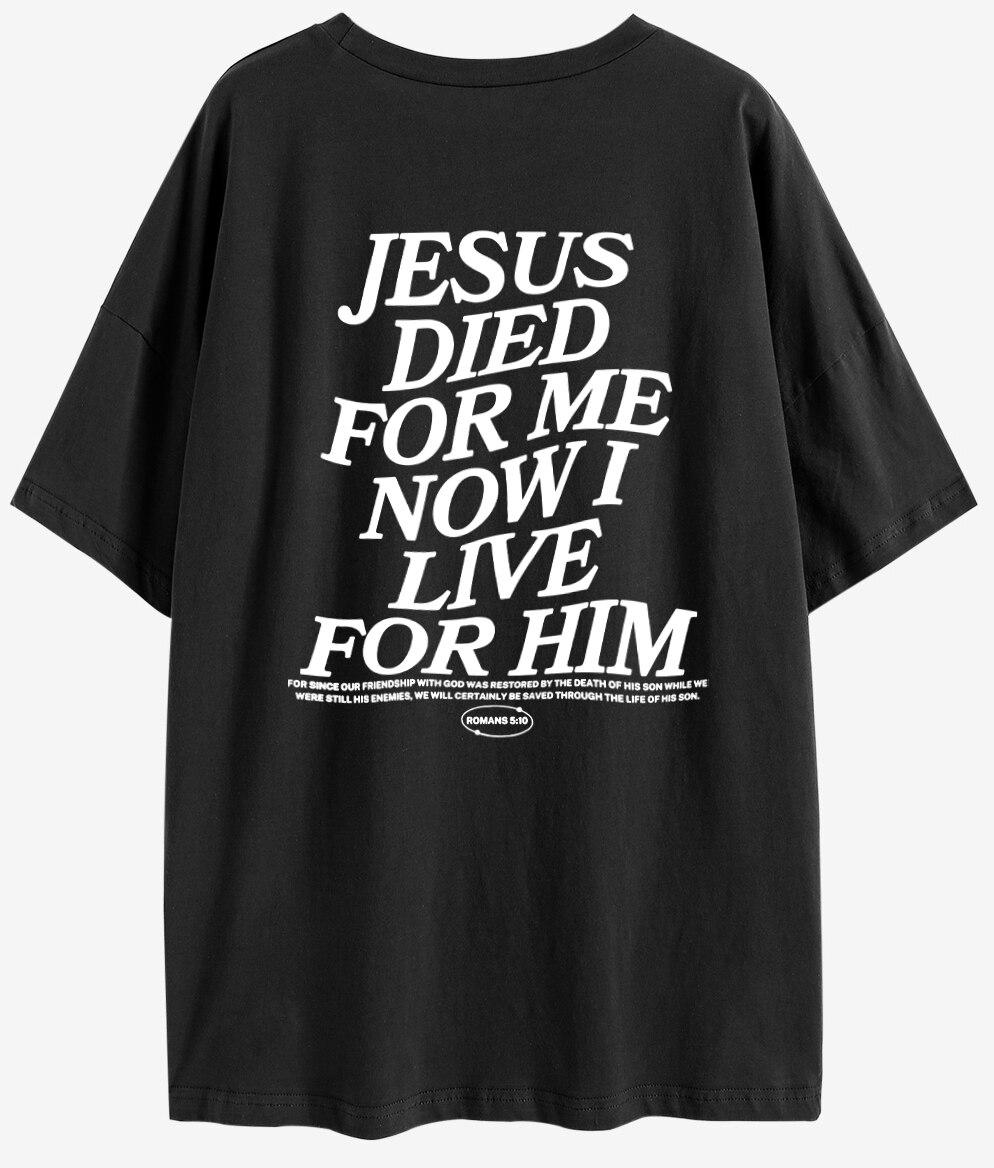 

Jesus Died For Me Now I Live for Him Велика футболка з принтом на спині Christian Loose Tee Women Trendy Casual Cotton Aesthetic Top S чорний