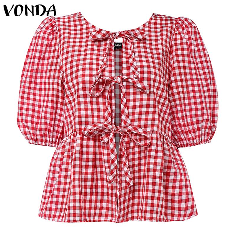 VONDA Damen Sets Kurzarm Schleifenknoten Karomuster Oberteile und Shorts mit elastischer Taille Outfits