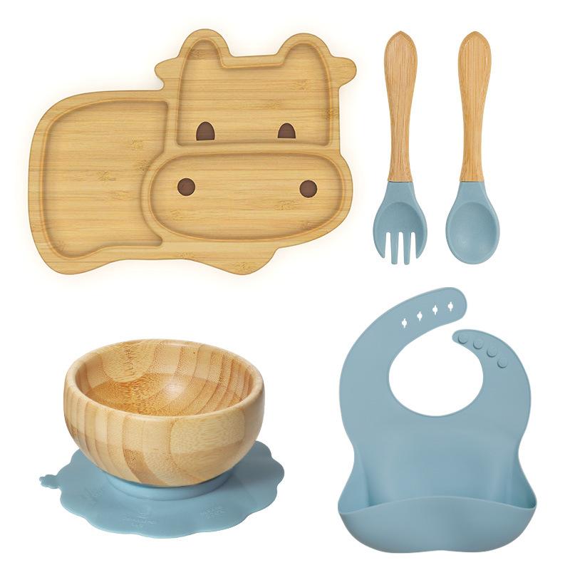 Bamboo Calf Shaped Baby Cutlery Set 5 Pieces Includes Suction Cup Bowl Bib Fork and Spoon