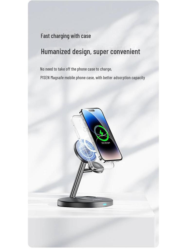 PISEN 15W MagSafe 3-in-1 Wireless Charger for Phone, Watch, and Earphones with Lazy Bracket