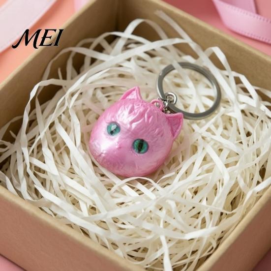 Cute Cat Head Accessory 3D Printed Keychain, Kawaii Kitten Bag Charm with Pearlescent Finish & Bright Green Eyes, Lightweight Animal Pendant Key Ring
