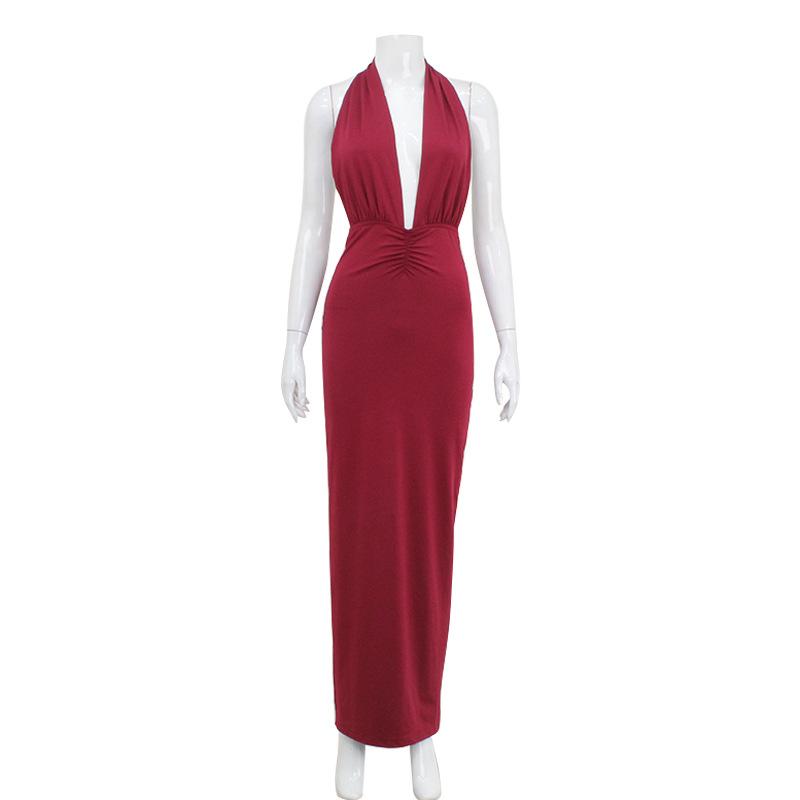 Hot-selling women s clothing temperament sexy V-neck neck halter pleated high waist solid color dress dress long dress S