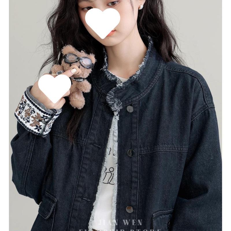 Dżinsowa kurtka z kołnierzem stójką Retro na wiosnę/jesień 2025 - Stylowa luźna, krótka w stylu hongkońskim dla kobiet