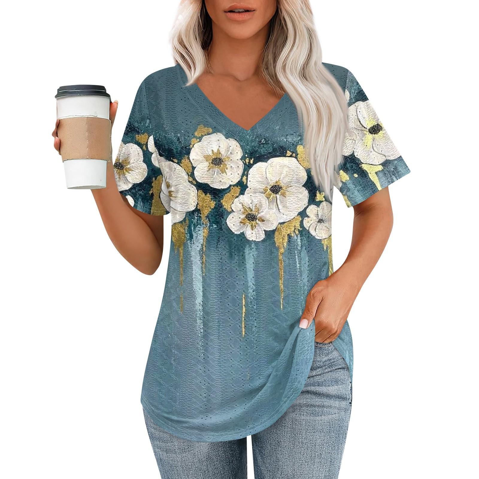

Женские футболки с V-образным вырезом и коротким рукавом, повседневные топы свободного кроя, базовые футболки с закругленным подолом XXXL синий