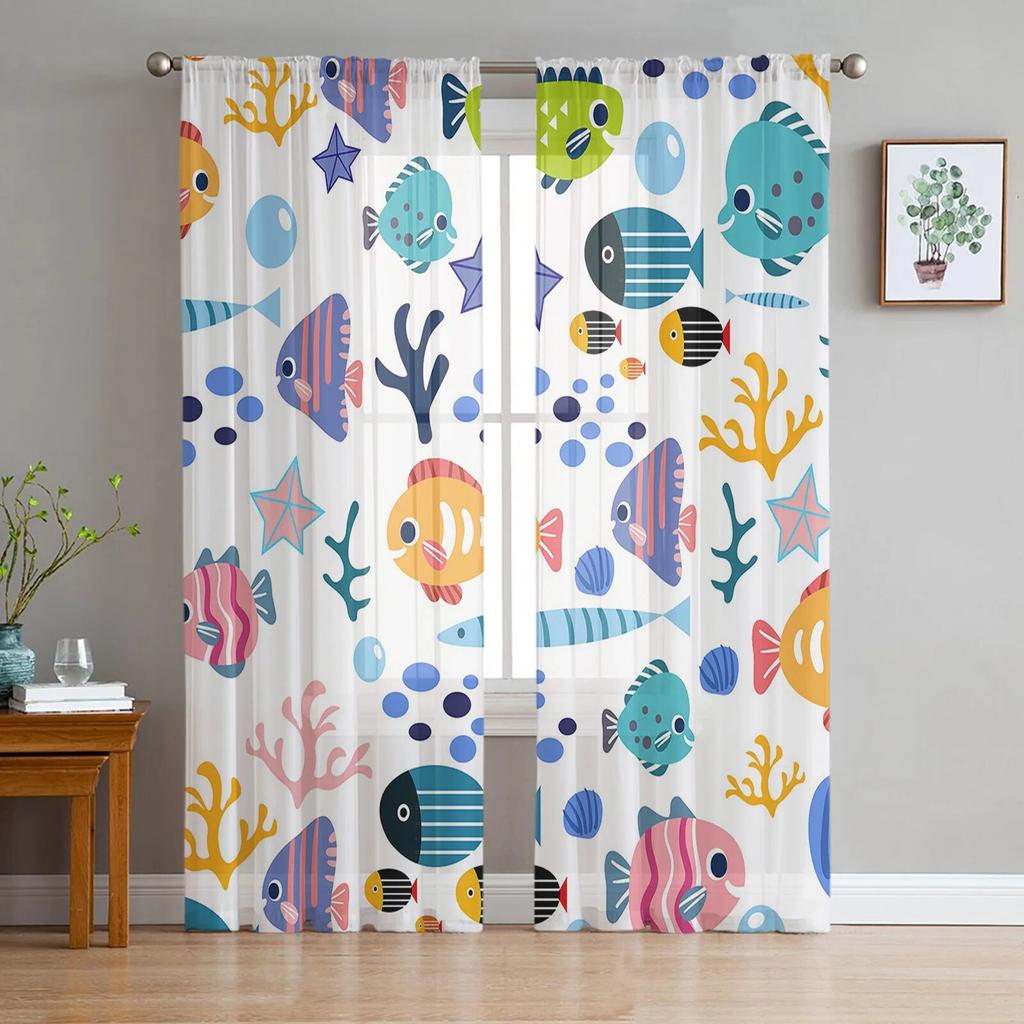 Cartoon Animals Fish Coral Shells Tulle Curtains for Living Room Sheer Curtain for Bedroom Kitchen Blinds Voile Curtains