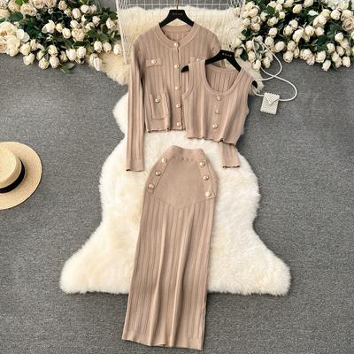 Autumn Winter Women Elegant Gold Button Knitted Sweater 3 Piece Set Single Breasted Jacket Coat Vest Long Midi Sheath Skirt Outfits