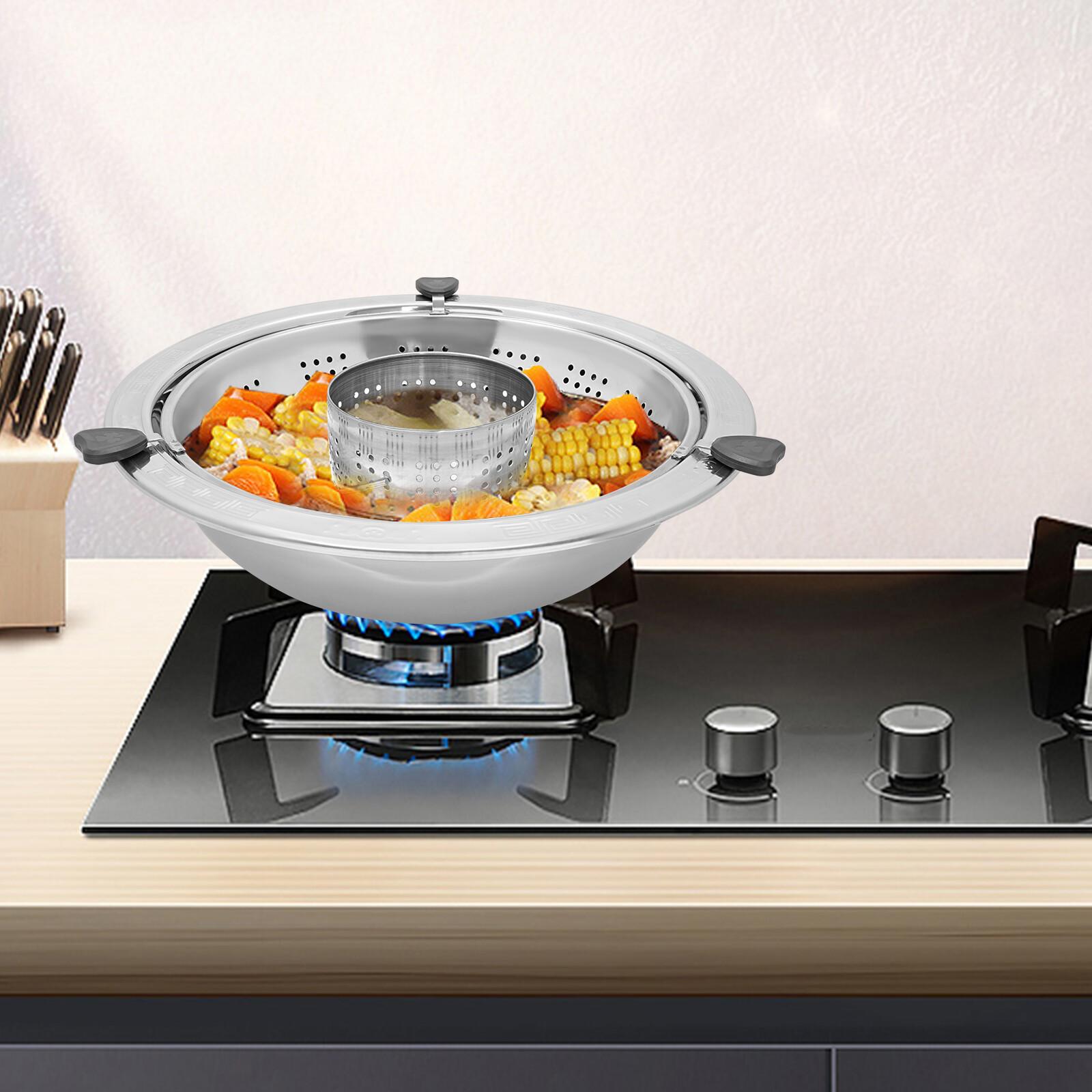 ilver Shabu Pot with Removable Strainer, 36cm Rotary Hot Pot Divided Pan, Adjustable Height Chinese Style Home Lifting Hot Pot серебряный
