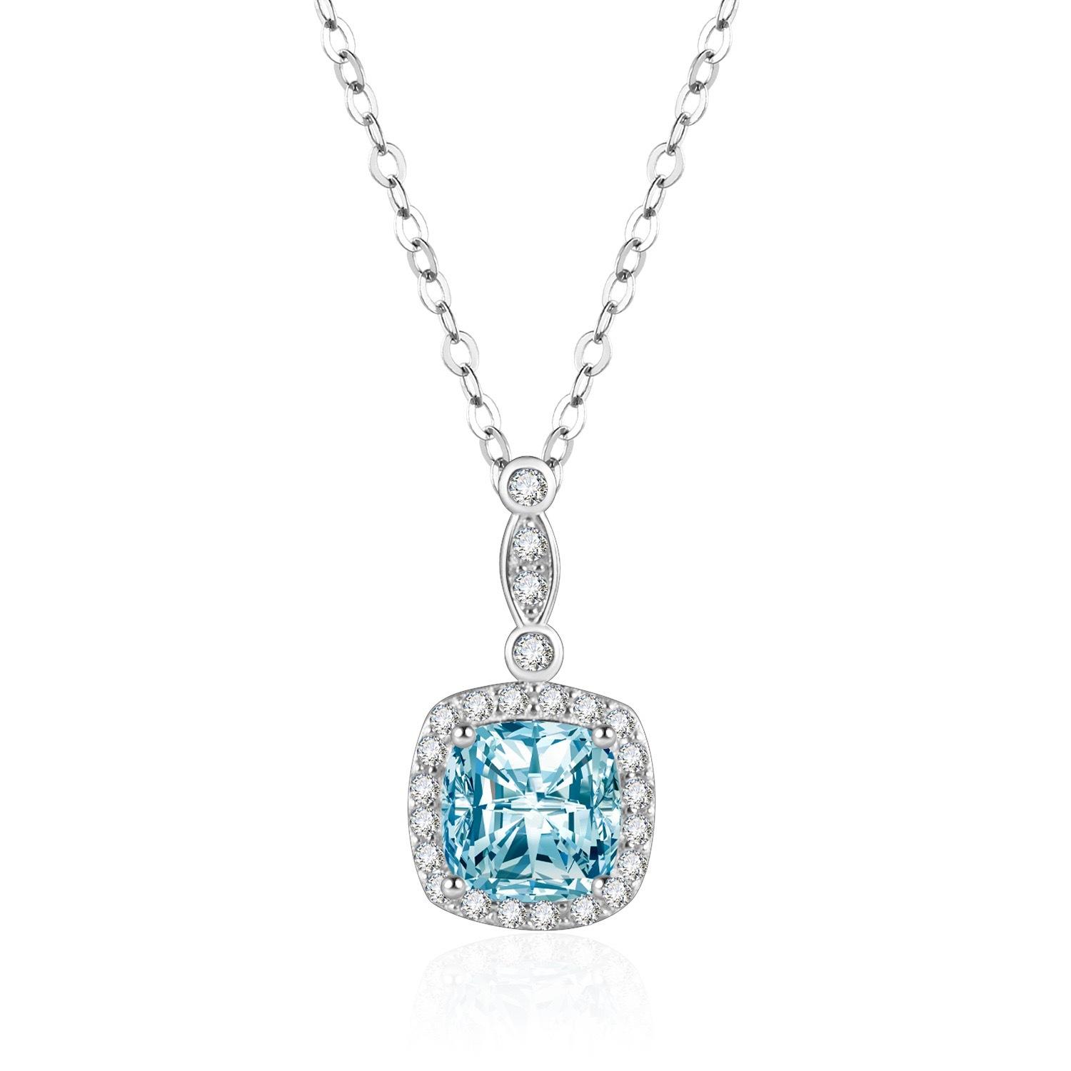 S925 Sterling Silver Sugar Cube Necklace , Blue Zirconia Pendant , Light Clavicle Chain for Women 925 silver