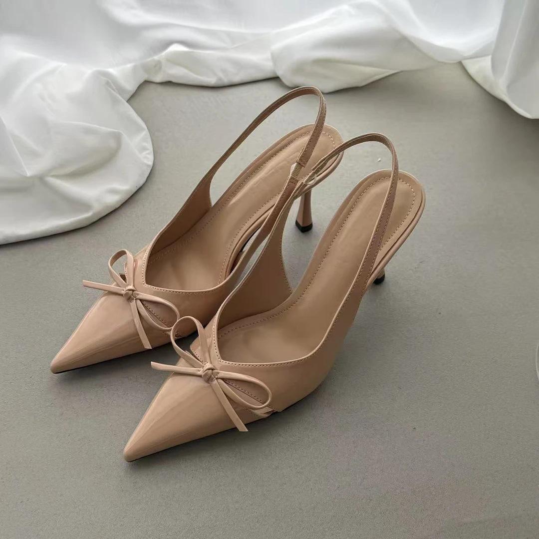 

French pointed nude high heels 2025 new bow bag head sandals women s spring and summer fine heel patent leather shoes 39 телесный