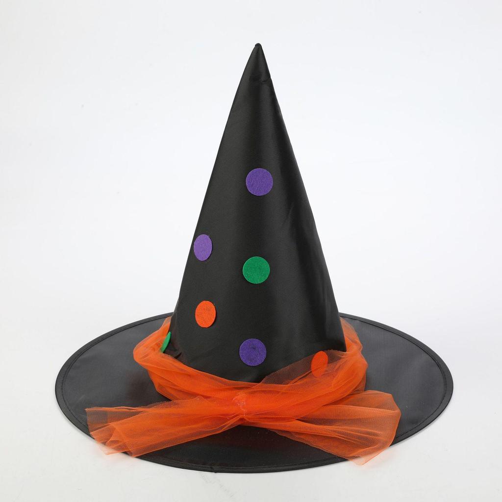European & American Halloween Lace-up Witch Hat - Black Oxford Cloth Pointed Wide-Brim