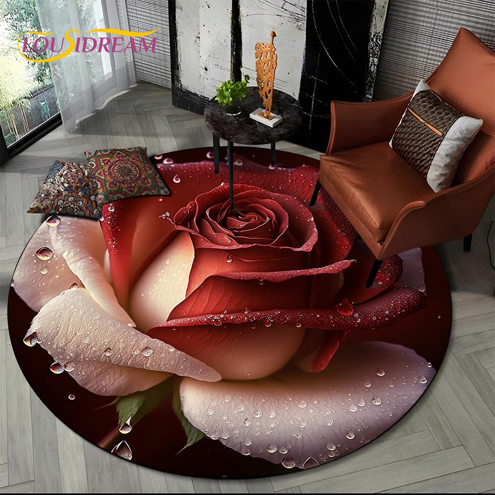 Luxuriöser Sonnenblumen 3D Rosen Nordische Gänseblümchen Runder Teppich Teppich für Wohnzimmer Schlafzimmer Sofa Dekor, Kinderbereich Teppich Rutschfeste Bodenmatte Geschenk