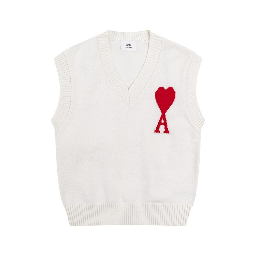 AMI 2025 Autumn and Winter Men's New Red Heart Letter V-neck Sleeveless Couple Sweater Vest