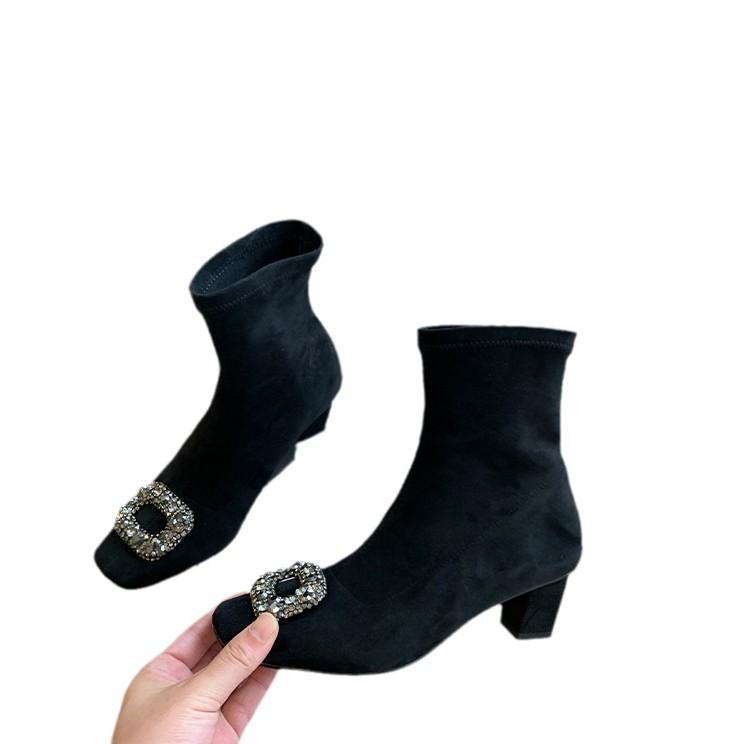 Square Head French Retro Black Versatile Short Boots Thick Medium Heel Rhinestone Elastic Thin Boots Long Boots Women's Autumn and Winter 2024
