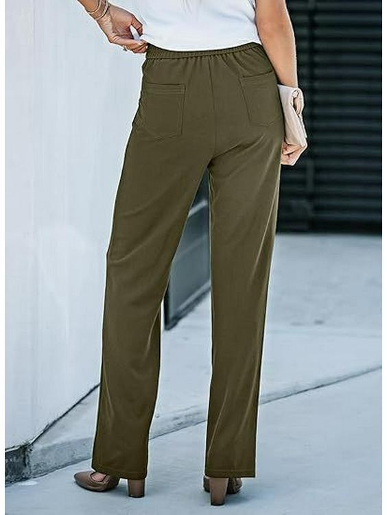 2024 Women's High-Waist Casual Straight Pants with Elastic Belt & Multiple Pockets