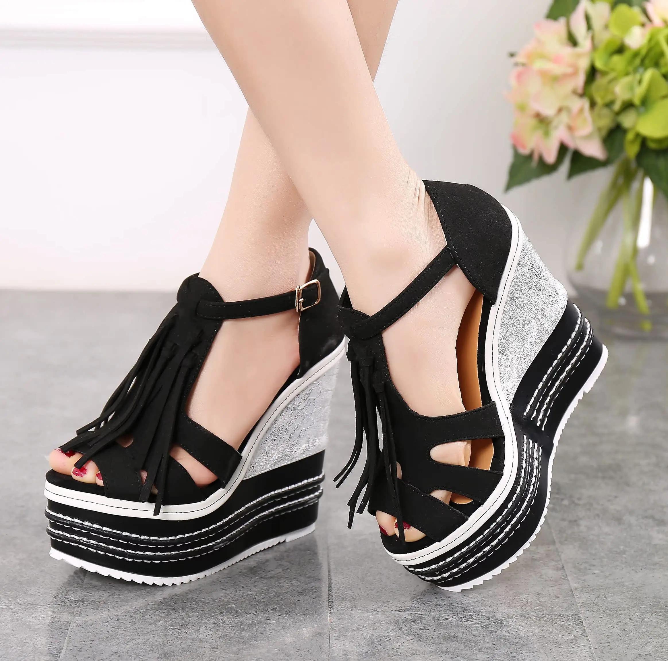 

Fashion Ethnic-inspired 14CM Extreme High Wedge Sandals - 2025 Trendy Summer Women s Platform Shoes with Tassel Details Club Events 38 чорний