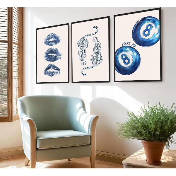 Set of 3 Trendy Cheetah Wall Art Funky Navy Blue Kiss Lips wall decoration pictures Retro Lucky 8 Ball Leopard Pattern Poster prints for Girls
