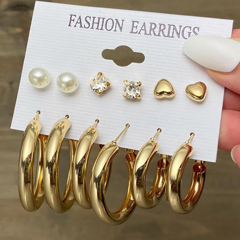 New Gold Color Big Circle Hoop Earring Set for Women Fashion Bohemia Vintage Pearl Earring Heart Zircon Ear Studs Jewelry Gifts