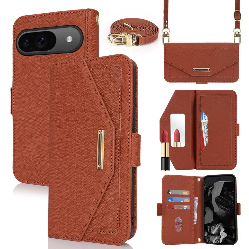 For Google Pixel 9/9 Pro Stand Case Cross Texture PU Leather Wallet Phone Cover with Shoulder Strap/Makeup Mirror
