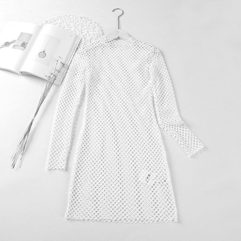 

Летнее Новое Сетчатое Платье Миди Тонкая Прозрачная Сетка Круглый Вырез Длинный Рукав Облегающий Силуэт Эластичная Подкладка Юбки White semi-turtleneck 2XL