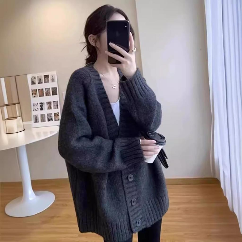 Hong Kong Flavor Lazy Wind Knitted Cardigan Autumn and Winter New Medium and Long Loose Soft Waxy Women's Sweater Jacket Women
