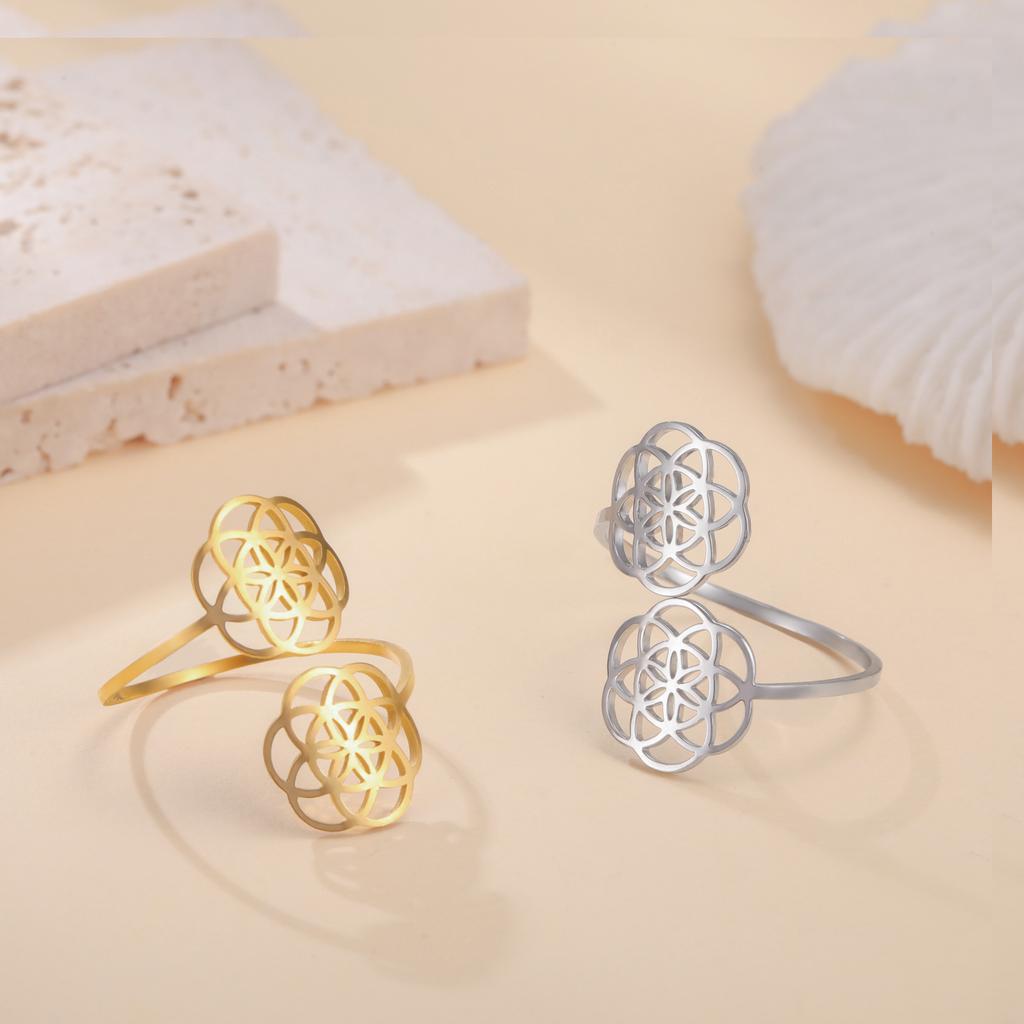 Sacred Geometry Flower Of Life Ring Women'S Stainless Steel Adjustable Ring Vintage Talisman Jewelry Party Gift