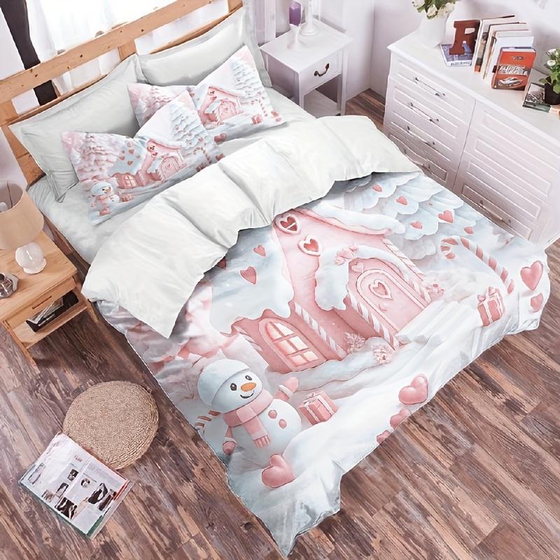 3 st julmönstrat lapptäcke set Rosa snögubbe sängkläder romantisk vinter pepparkakshus design mjuk sovrumsinredning hjärtmönster