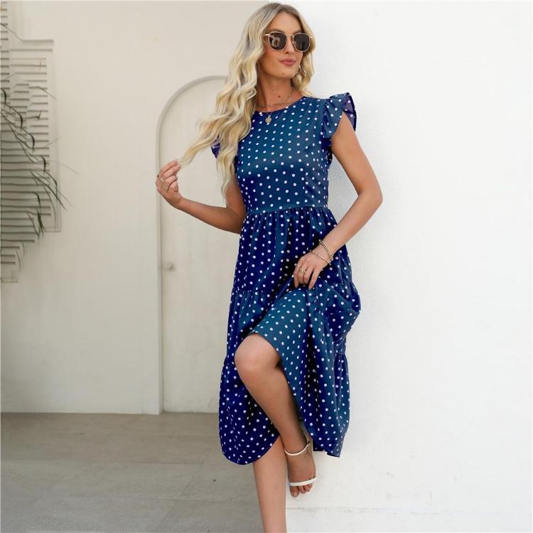 Summer Women Sleeveless Round Neck Ruffled Dot Print Long Dress Polka