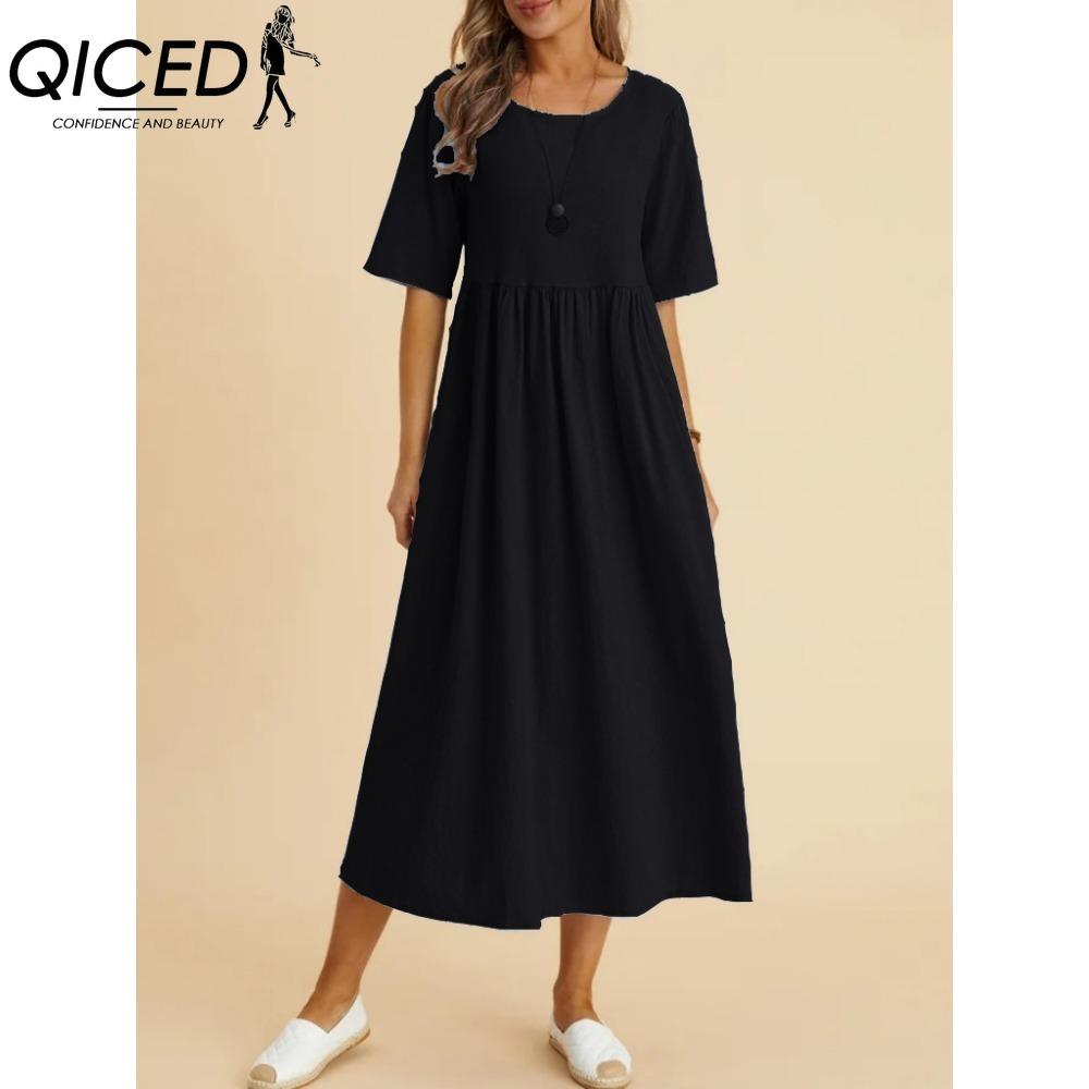 

QICED Женское модное однотонное платье Большое свободное платье миди из хлопка и льна с круглым вырезом и рукавами из пяти частей XXL чёрный