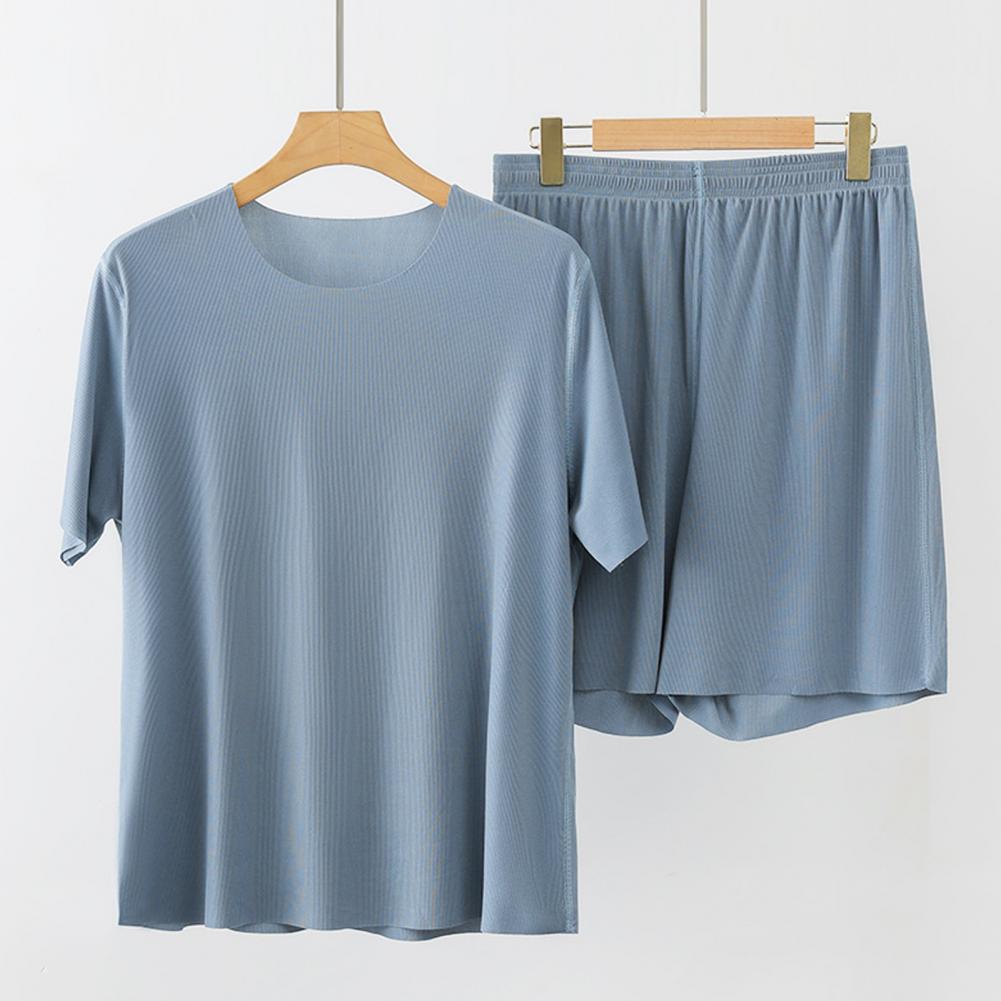 2Pcs/Set Men Loungewear O-Neck Short Sleeve Tops Elastic Waist Wide Leg Shorts Set Solid Color Ice Silk Homewear Seamless Pajama