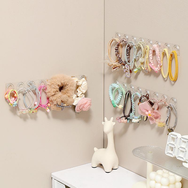 Transparent Hair Tie & Headband Storage Rack with Adhesive Hooks for Bathroom