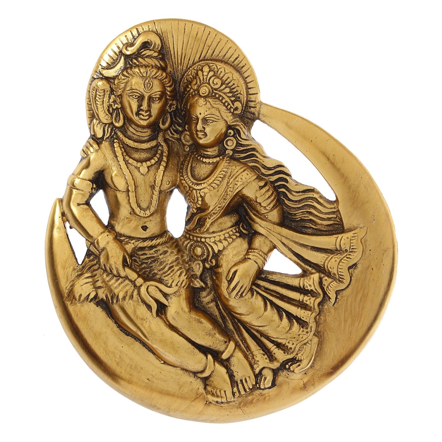 

Golden Metal Shiv Sitting On Moon Wall Hanging Showpiece Shiva Parvati Idol