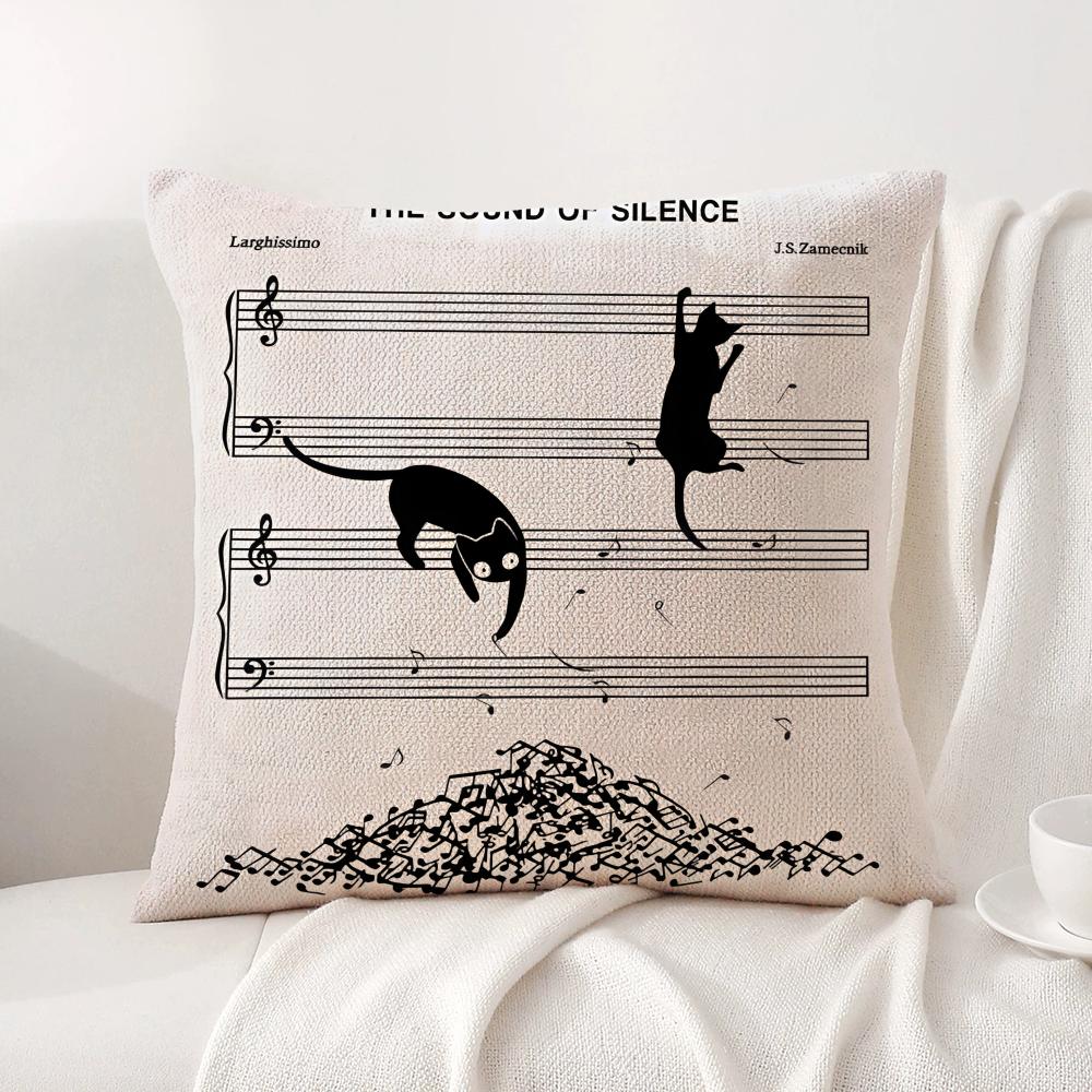 Music and Cat Cushion Cover Natural Linen Organic Fabric DoubleSided Printing Sofa Home Decor Breathable Bed Pillow
