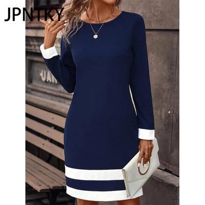 JPNTKY Women's Fashion Autumn Winter Solid Color Print Long Sleeve O-Neck Casual Dresses