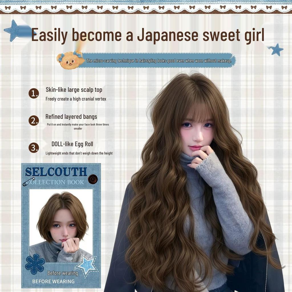Women's Full Head Wig, Lazy Water Wave Long Curly Hair, Natural Seamless Look, Large Scalp Egg Roll Wig.