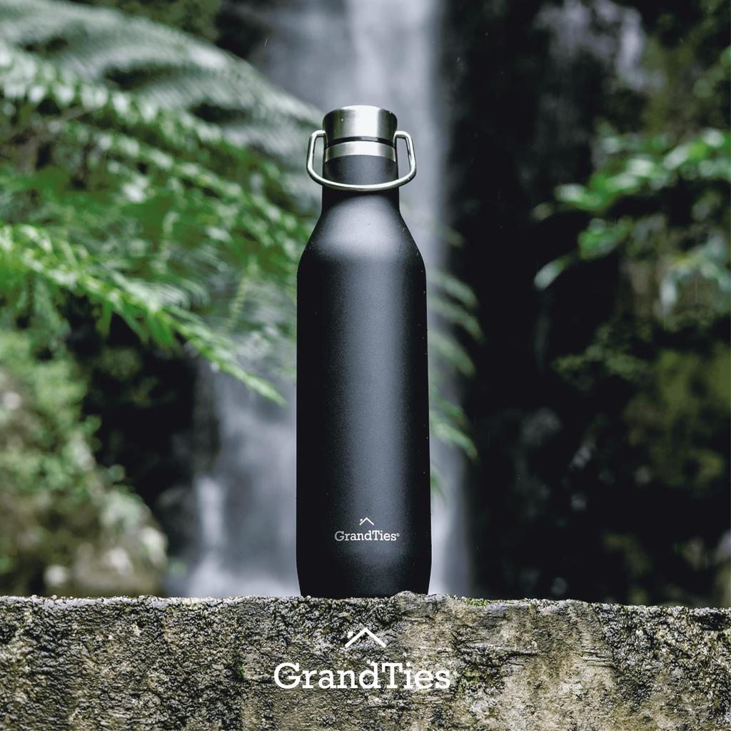 GRANDTIES Traveler Bottle, 620ml, Available in 6 Colors (Midnight Black), with Two Lids, Double-Layer Vacuum Insulated Stainless Steel Bottle, Keeps